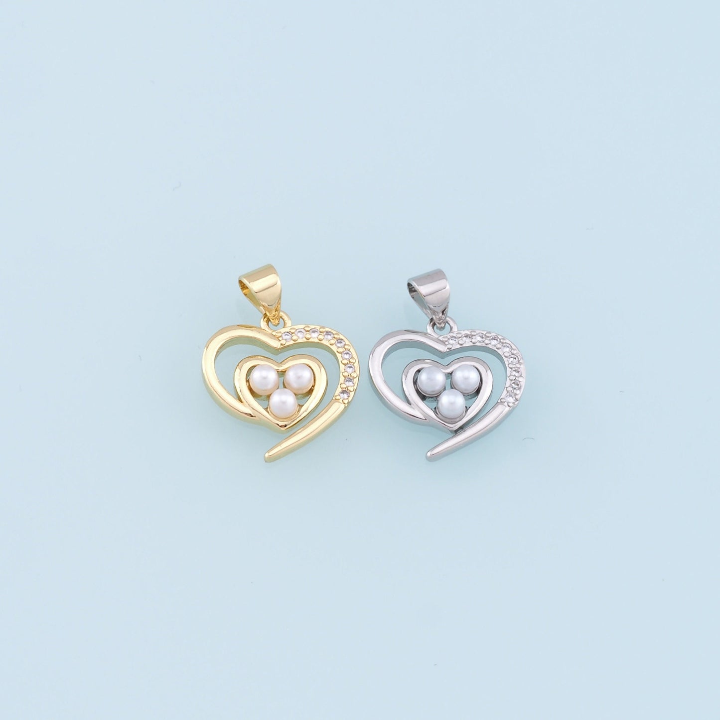 Gold Heart Pearl Charms,18K Gold Filled Heart Pendant,CZ Micro Pave Heart Charm Bracelet Necklace for DIY Jewelry Making Supply