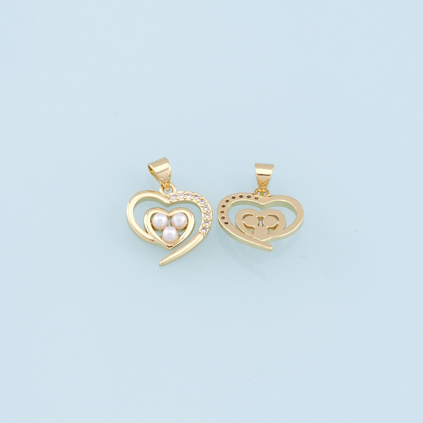 Gold Heart Pearl Charms,18K Gold Filled Heart Pendant,CZ Micro Pave Heart Charm Bracelet Necklace for DIY Jewelry Making Supply