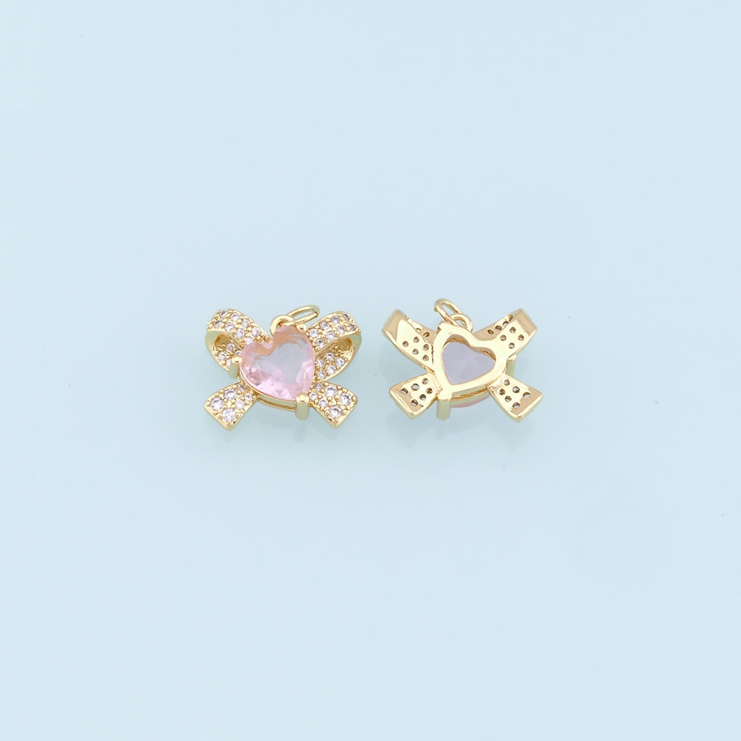 Gold Bow Charms,18K Gold Filled Bow Heart Pendant,CZ Micro Pave Bow Tie Charm Bracelet Necklace for DIY Jewelry Making Supply
