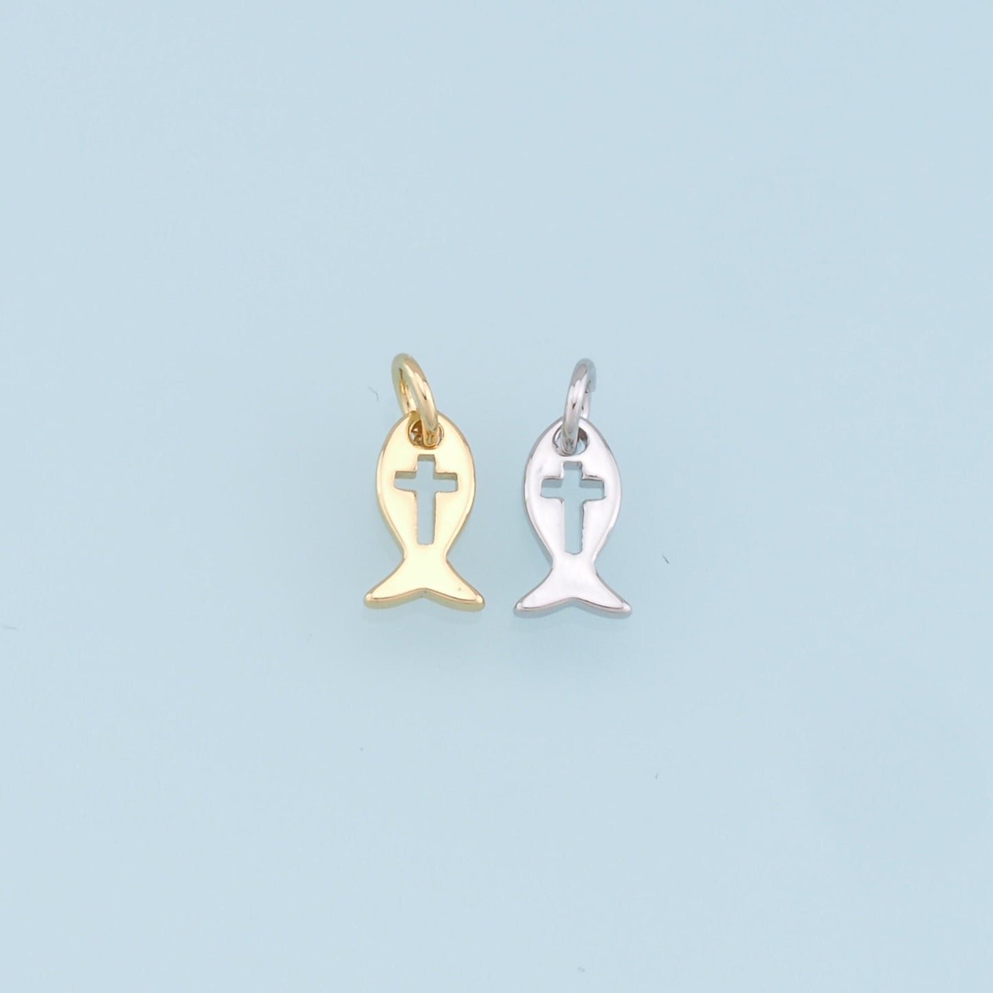 Gold Fish Cross Charms,18K Gold Filled CZ Fish Pendant,Fish Charm Bracelet Necklace for DIY Jewelry Making Supply