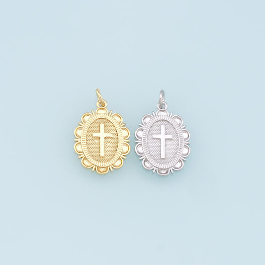 Gold Cross Charms,18K Gold Filled Oval Cross Pendant,Religion Charm Bracelet Necklace for DIY Jewelry Making Supply