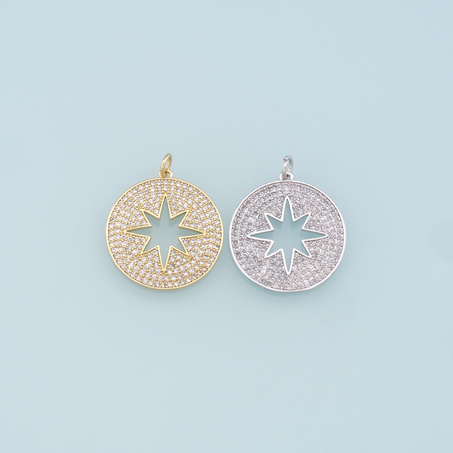Gold Round Star Charms,18K Gold Filled Starburst Pendant,CZ Micro Pave North Star Charm Bracelet Necklace for DIY Jewelry Making Supply