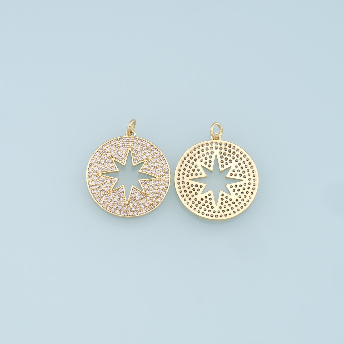 Gold Round Star Charms,18K Gold Filled Starburst Pendant,CZ Micro Pave North Star Charm Bracelet Necklace for DIY Jewelry Making Supply