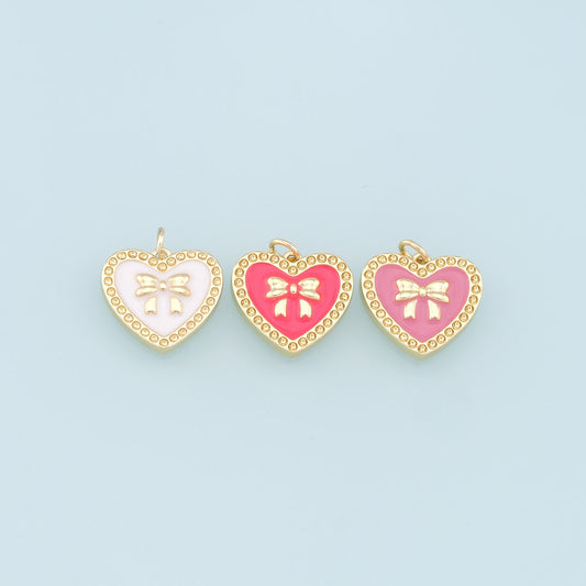 Gold Heart Charms,18K Gold Filled Bow Heart Pendant,Enamel Bow Tie Charm Bracelet Necklace for DIY Jewelry Making Supply