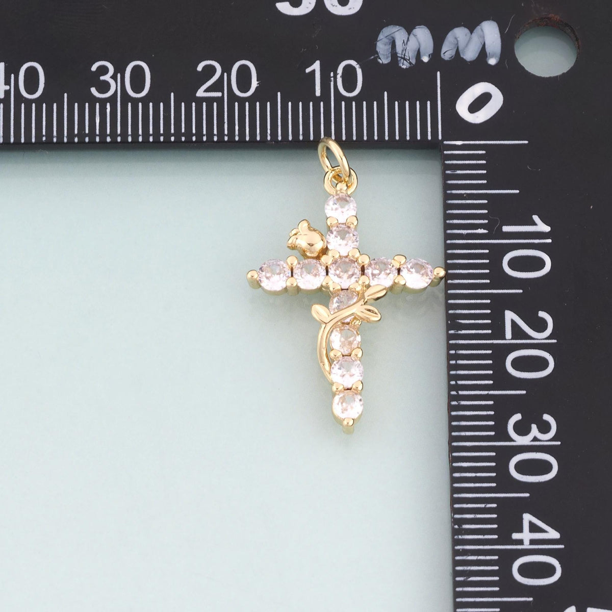 18K Gold Filled CZ Rose Cross Pendant,Light Luxury Cross Charm Bracelet Necklace for DIY Jewelry Making Supply