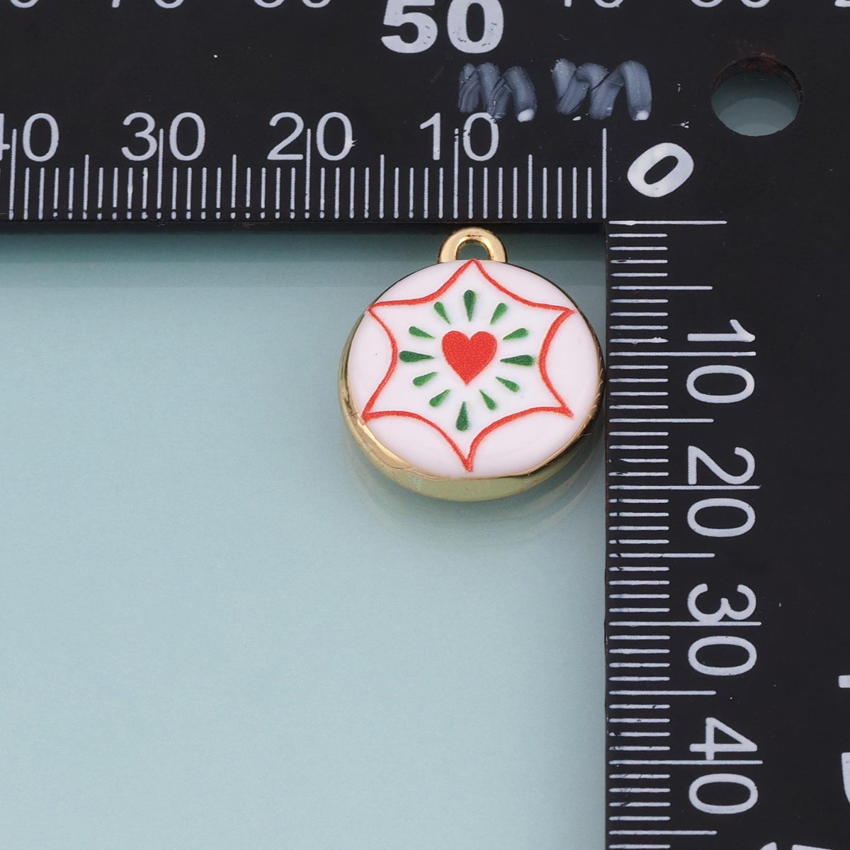 18K Gold Filled Ceramics Round Pendant,Enamel Illustration Charm Bracelet Necklace for DIY Jewelry Making Supply