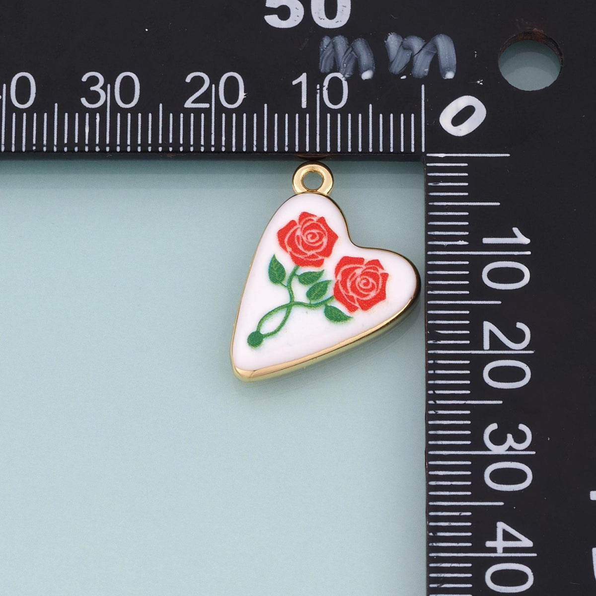 18K Gold Filled Ceramics Heart Pendant,Enamel Rose Illustration Charm Bracelet Necklace for DIY Jewelry Making Supply