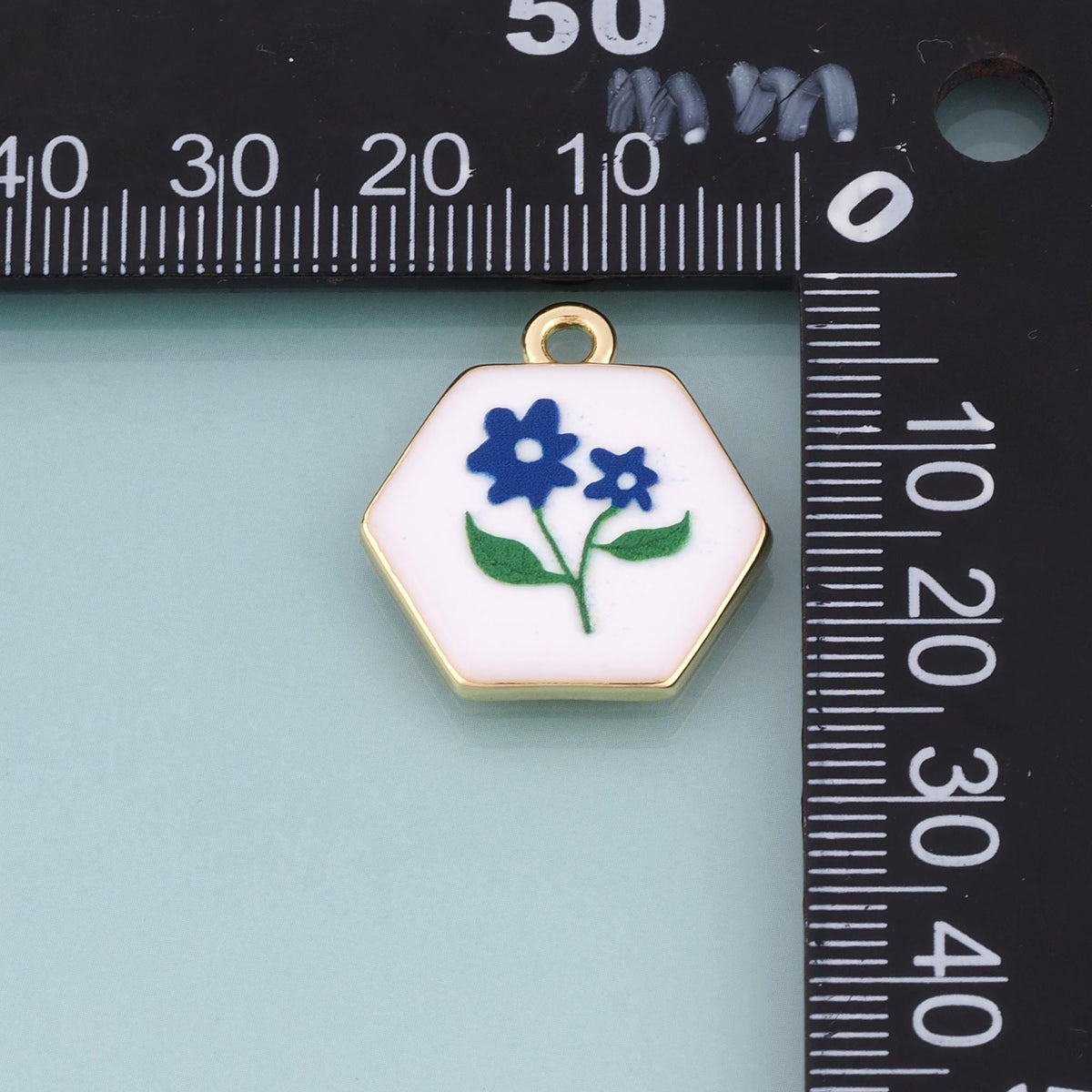 18K Gold Filled Ceramics Hexagon Pendant,Enamel Heart Illustration Charm Bracelet Necklace for DIY Jewelry Making Supply