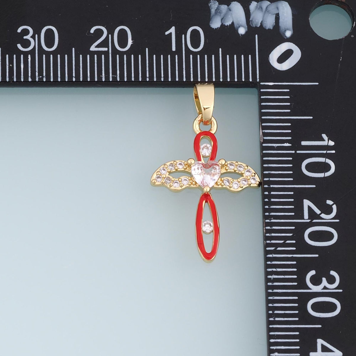 18K Gold Filled Winged Cross Charm,CZ Heart Cross Pendant,Red Pink Enamel Cross Charm,DIY Necklace Bracelet Jewelry Supply