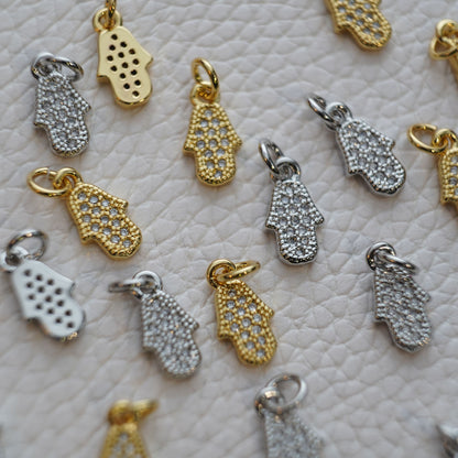 18K Gold Filled Tiny Hamsa Pendant,CZ Hand Hamsa Charm Necklace for DIY Jewelry Making Supply