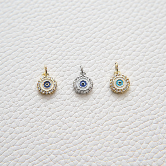 Gold Evil Eye Charms,18K Gold Filled Round Evil Eye Pendant,CZ Micro Pave Silver Evil Eye Charm Bracelet Necklace for DIY Jewelry Making Supply