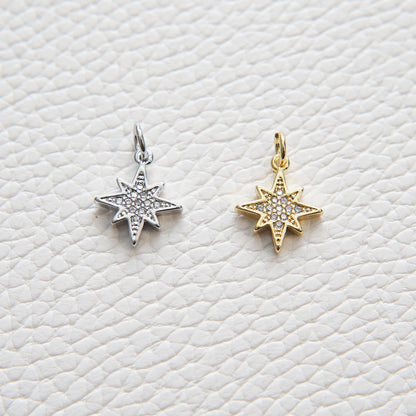 Gold Star Charms,18K Gold Filled Starburst Pendant,CZ North Star Charm Bracelet Necklace for DIY Jewelry Making Supply