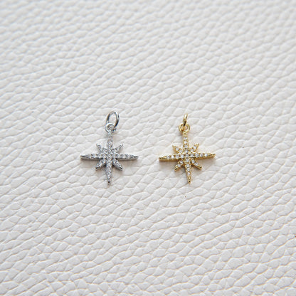 Gold Star Charms,18K Gold Filled Starburst Pendant,CZ North Star Charm Bracelet Necklace for DIY Jewelry Making Supply