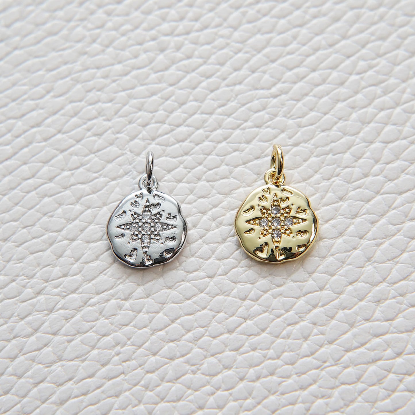 Gold Star Charms,18K Gold Filled Starburst Pendant,CZ Round Coin North Star Charm Bracelet Necklace for DIY Jewelry Making Supply