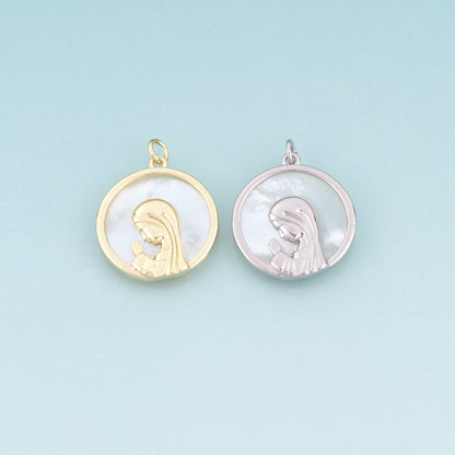 18K Gold Filled Shell Our Lady Round Pendant,Retro Style Religion Charm Bracelet Necklace for DIY Jewelry Making Supply