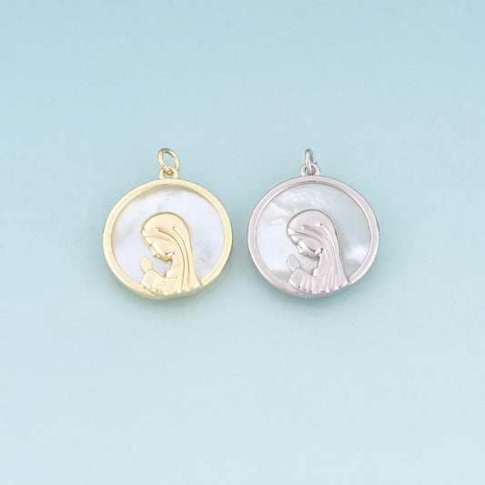 18K Gold Filled Shell Our Lady Round Pendant,Retro Style Religion Charm Bracelet Necklace for DIY Jewelry Making Supply