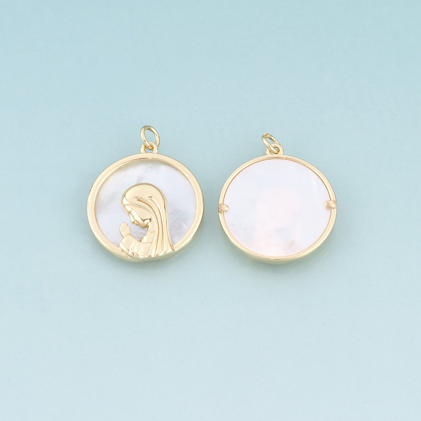 18K Gold Filled Shell Our Lady Round Pendant,Retro Style Religion Charm Bracelet Necklace for DIY Jewelry Making Supply