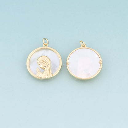 18K Gold Filled Shell Our Lady Round Pendant,Retro Style Religion Charm Bracelet Necklace for DIY Jewelry Making Supply