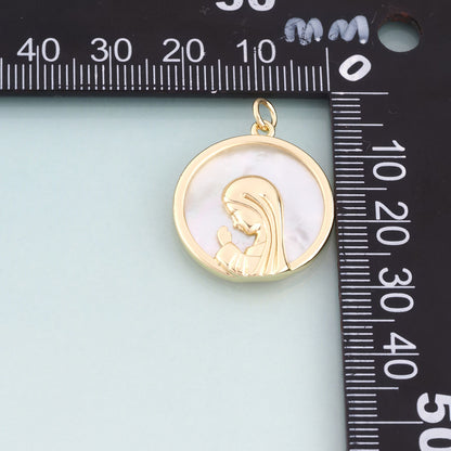 18K Gold Filled Shell Our Lady Round Pendant,Retro Style Religion Charm Bracelet Necklace for DIY Jewelry Making Supply