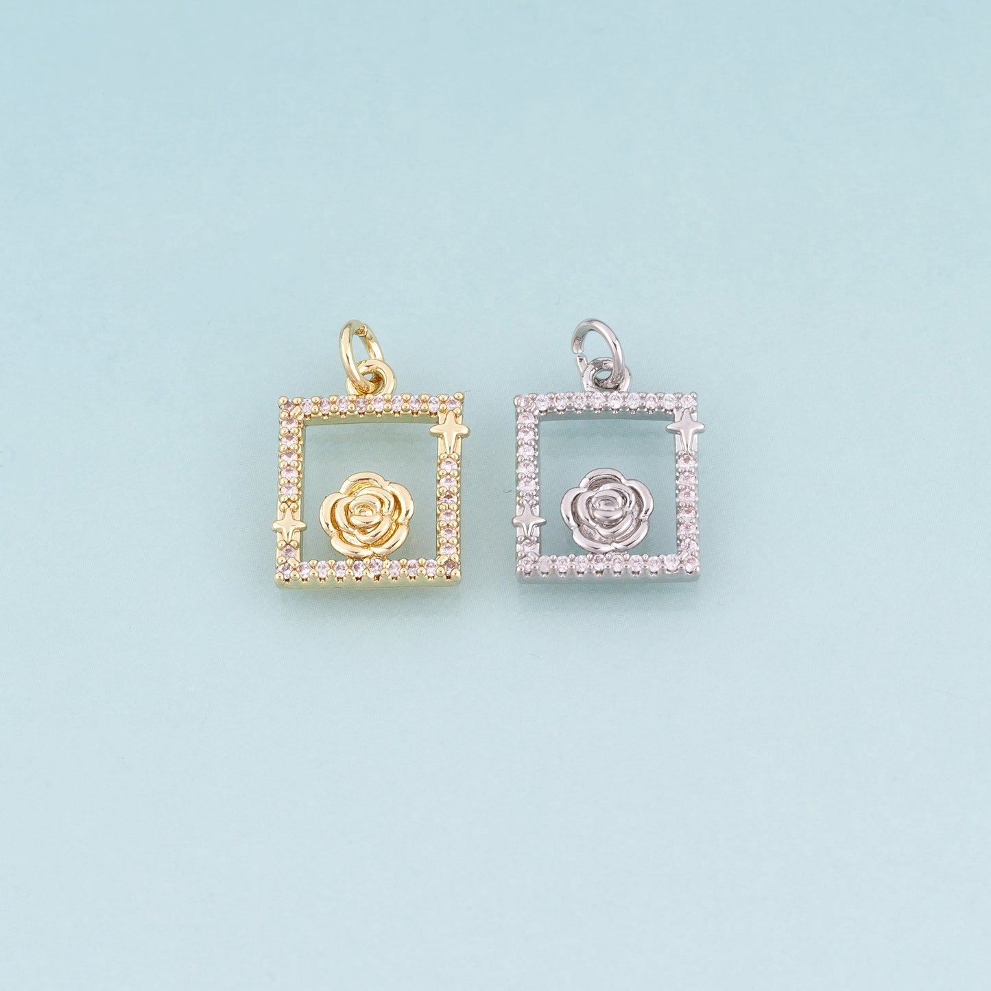 18K Gold Filled CZ Rose Photo Frame Pendant,French Retro Style Charm Bracelet Necklace for DIY Jewelry Making Supply