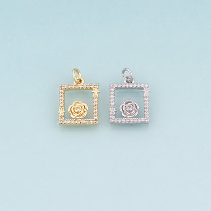 18K Gold Filled CZ Rose Photo Frame Pendant,French Retro Style Charm Bracelet Necklace for DIY Jewelry Making Supply