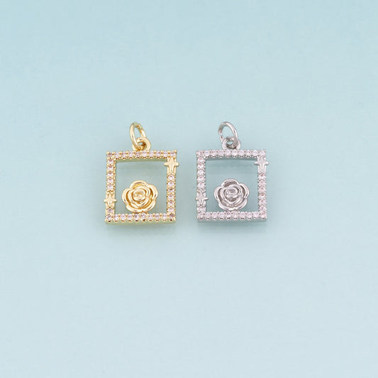 18K Gold Filled CZ Rose Photo Frame Pendant,French Retro Style Charm Bracelet Necklace for DIY Jewelry Making Supply