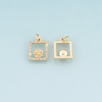 18K Gold Filled CZ Rose Photo Frame Pendant,French Retro Style Charm Bracelet Necklace for DIY Jewelry Making Supply