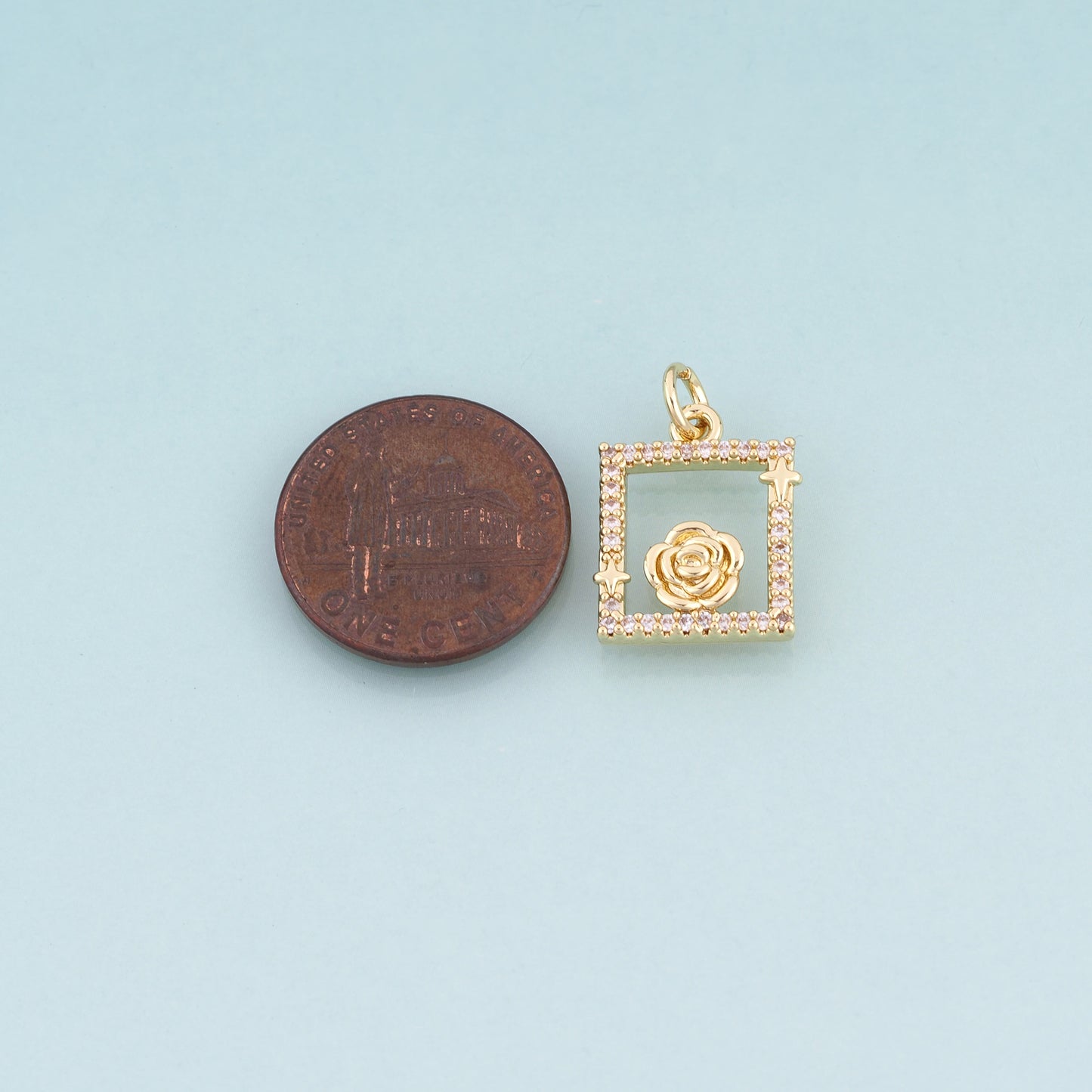 18K Gold Filled CZ Rose Photo Frame Pendant,French Retro Style Charm Bracelet Necklace for DIY Jewelry Making Supply