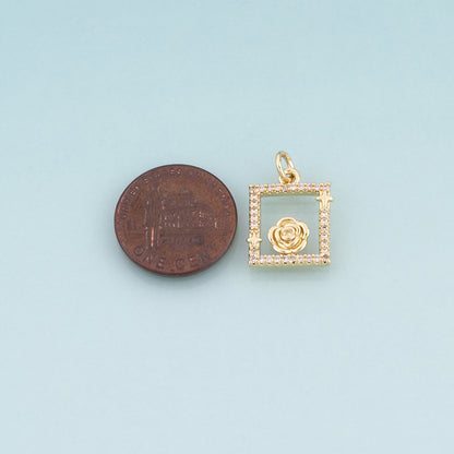 18K Gold Filled CZ Rose Photo Frame Pendant,French Retro Style Charm Bracelet Necklace for DIY Jewelry Making Supply