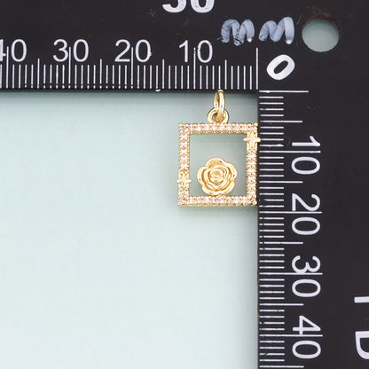 18K Gold Filled CZ Rose Photo Frame Pendant,French Retro Style Charm Bracelet Necklace for DIY Jewelry Making Supply