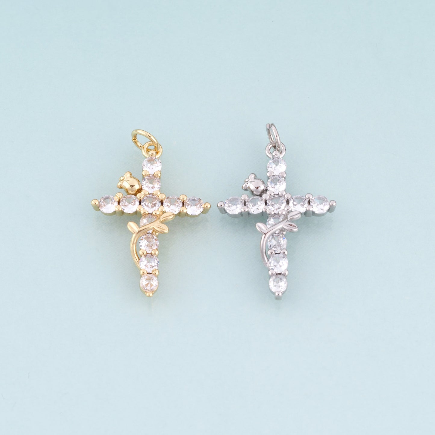 18K Gold Filled CZ Rose Cross Pendant,Light Luxury Cross Charm Bracelet Necklace for DIY Jewelry Making Supply