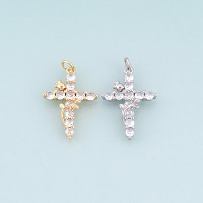 18K Gold Filled CZ Rose Cross Pendant,Light Luxury Cross Charm Bracelet Necklace for DIY Jewelry Making Supply