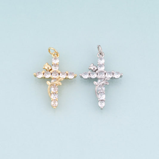 18K Gold Filled CZ Rose Cross Pendant,Light Luxury Cross Charm Bracelet Necklace for DIY Jewelry Making Supply