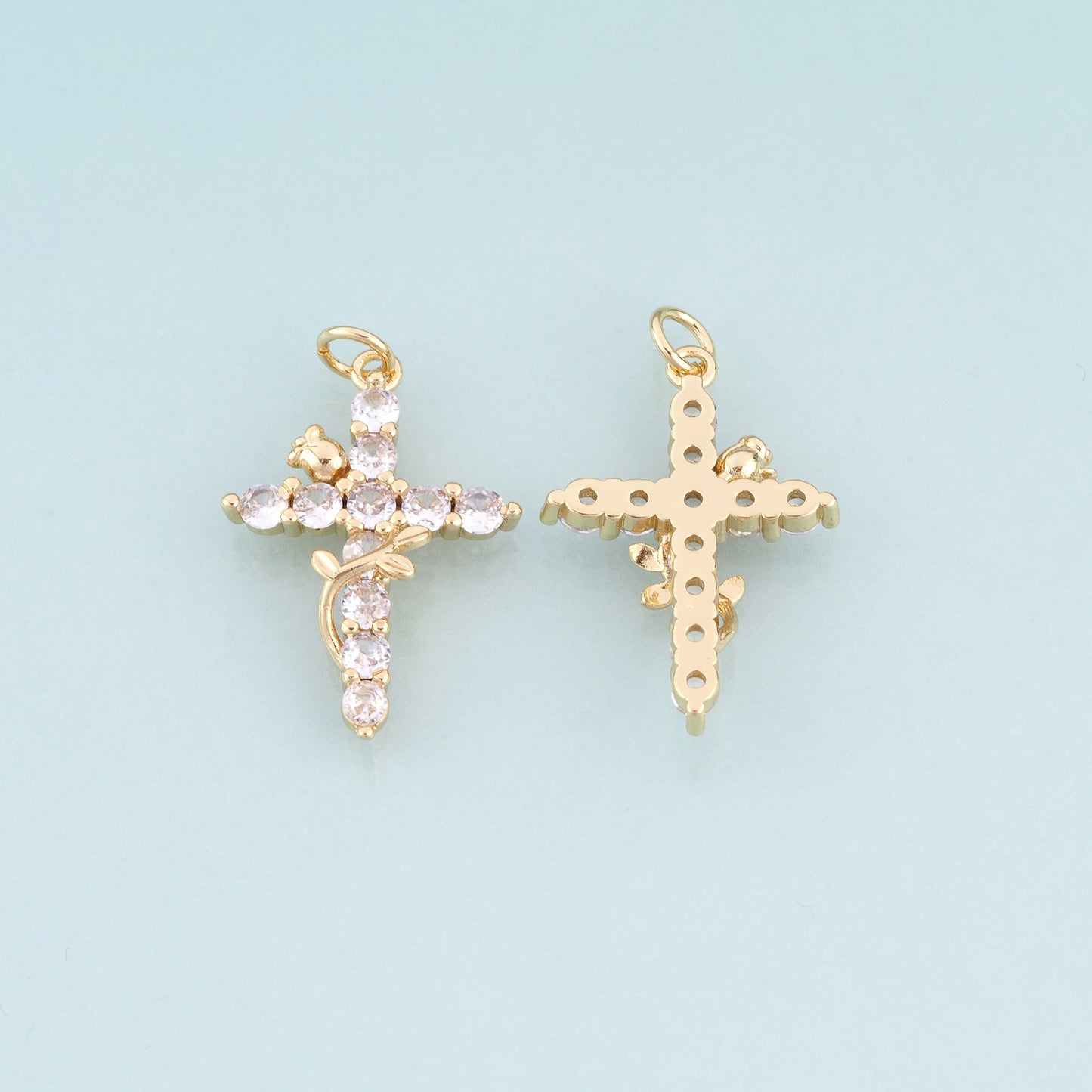 18K Gold Filled CZ Rose Cross Pendant,Light Luxury Cross Charm Bracelet Necklace for DIY Jewelry Making Supply