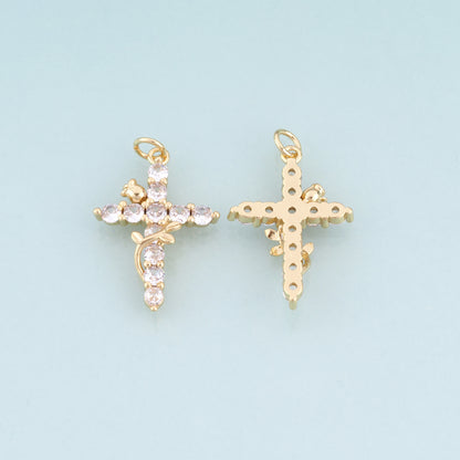 18K Gold Filled CZ Rose Cross Pendant,Light Luxury Cross Charm Bracelet Necklace for DIY Jewelry Making Supply