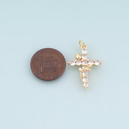 18K Gold Filled CZ Rose Cross Pendant,Light Luxury Cross Charm Bracelet Necklace for DIY Jewelry Making Supply