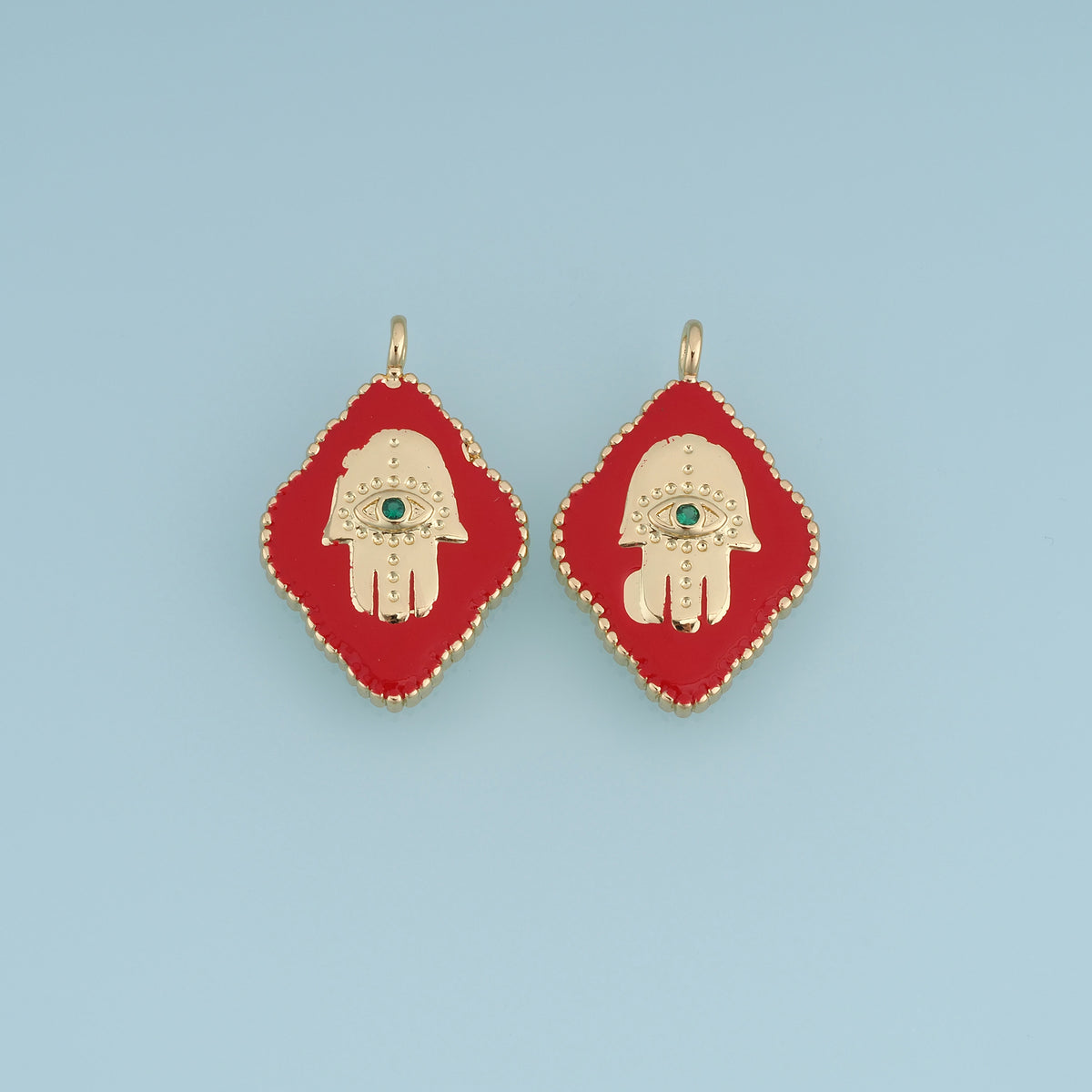 18K Gold Filled Hamsa Hand Charm,Red Enamel Hand Pendant Evil Eye Charm with Green Stone for Bracelet Necklace DIY Jewelry Making