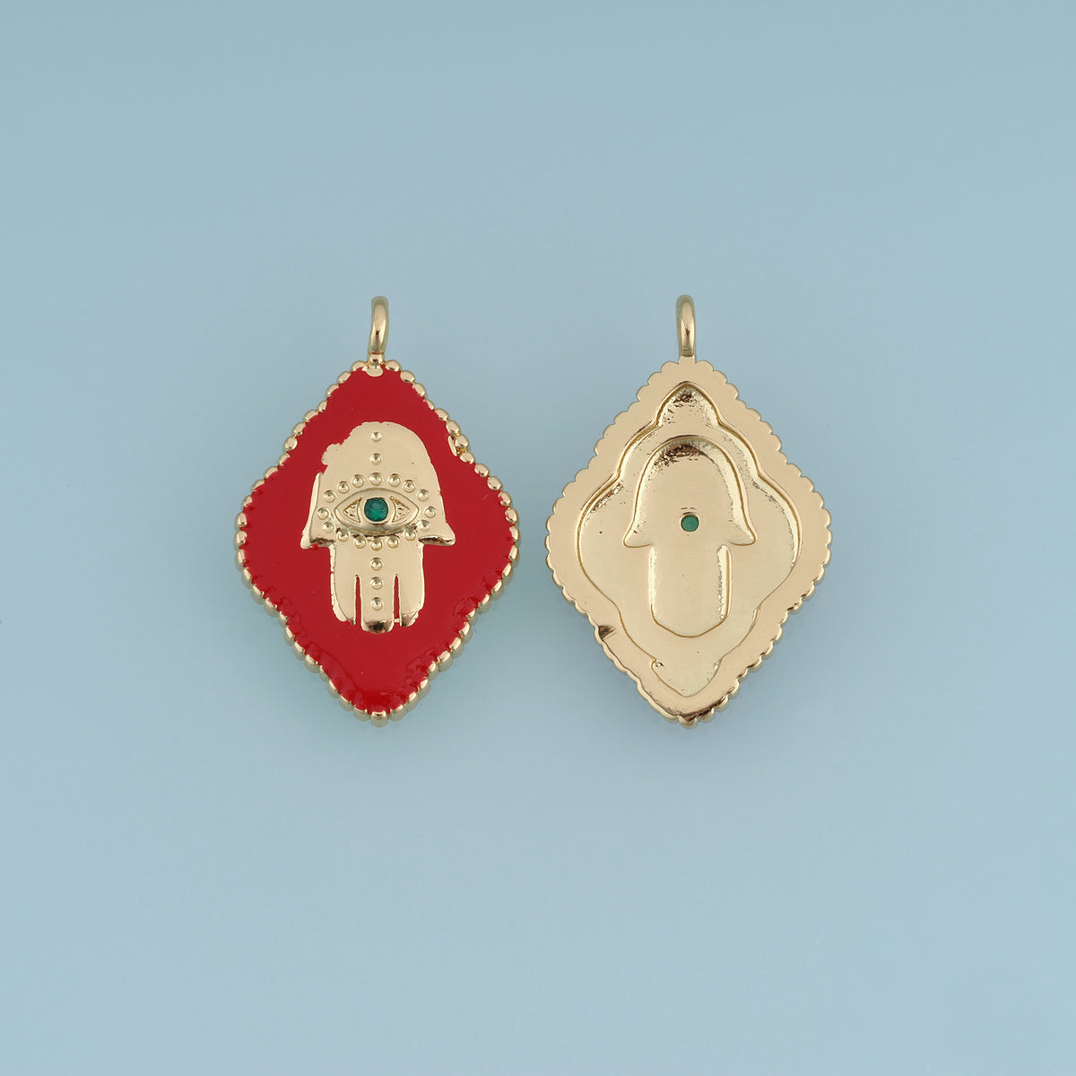 18K Gold Filled Hamsa Hand Charm,Red Enamel Hand Pendant Evil Eye Charm with Green Stone for Bracelet Necklace DIY Jewelry Making