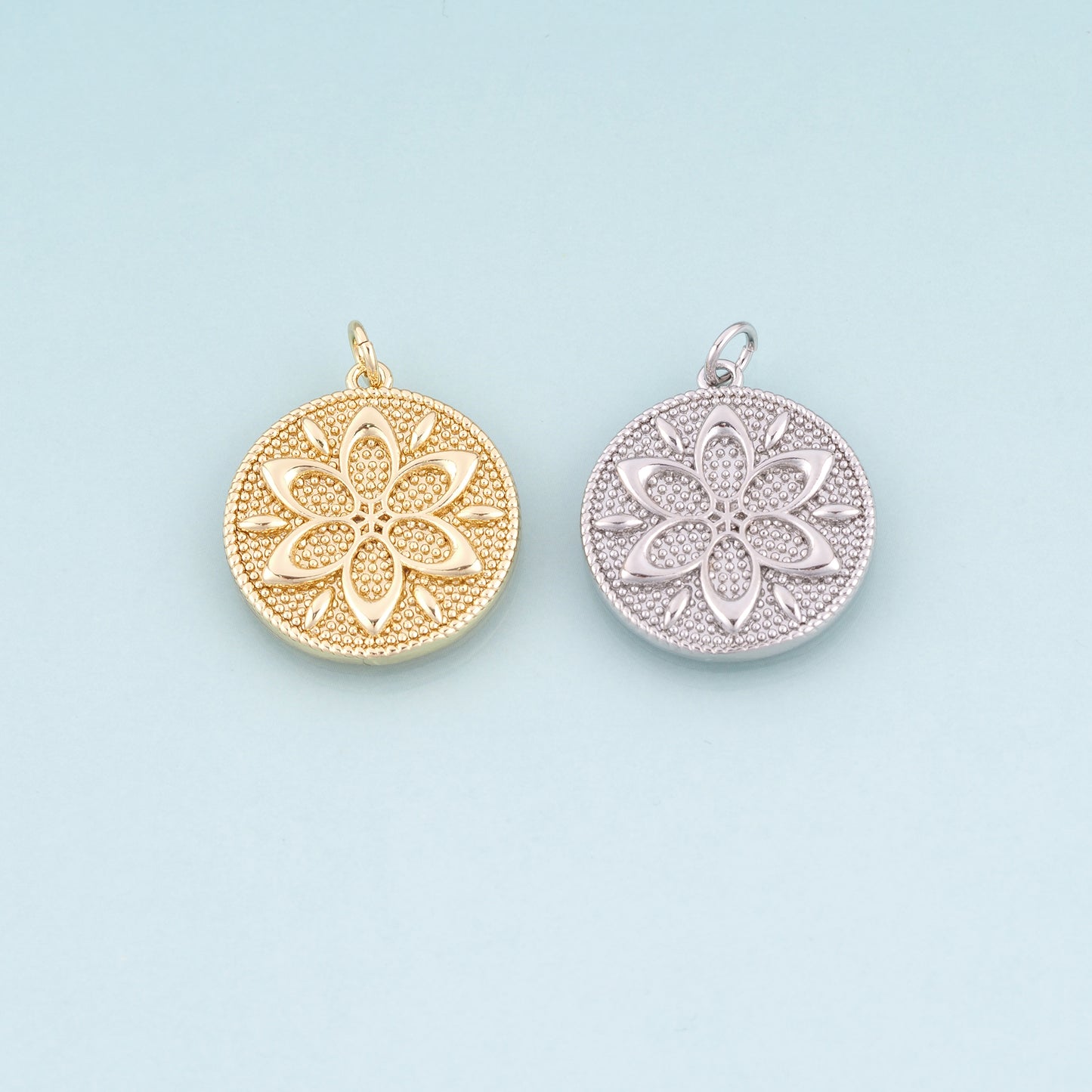 18K Gold Filled Round Mandala Flower Pendant, Bohemian Charm Bracelet Necklace for DIY Jewelry Making Supply
