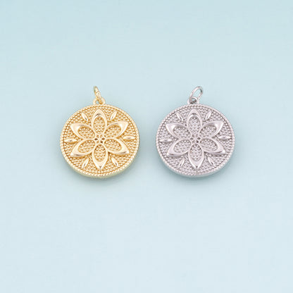 18K Gold Filled Round Mandala Flower Pendant, Bohemian Charm Bracelet Necklace for DIY Jewelry Making Supply