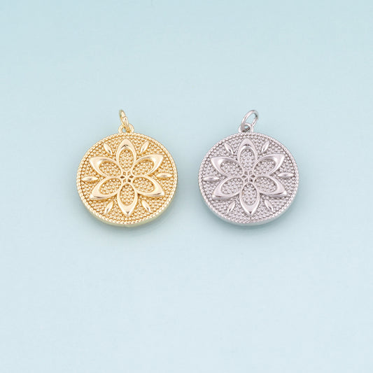 18K Gold Filled Round Mandala Flower Pendant, Bohemian Charm Bracelet Necklace for DIY Jewelry Making Supply