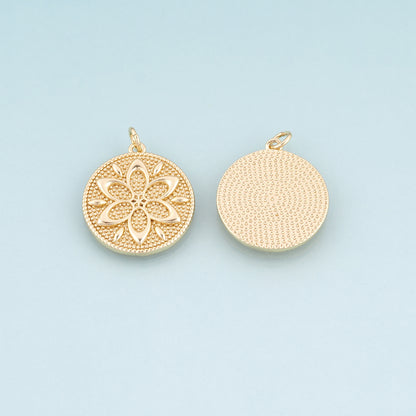 18K Gold Filled Round Mandala Flower Pendant, Bohemian Charm Bracelet Necklace for DIY Jewelry Making Supply