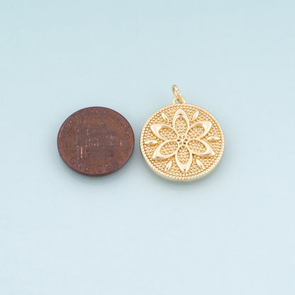 18K Gold Filled Round Mandala Flower Pendant, Bohemian Charm Bracelet Necklace for DIY Jewelry Making Supply