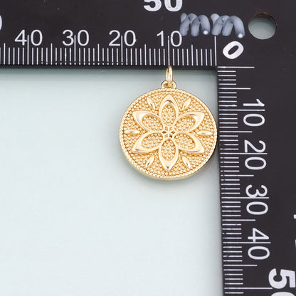 18K Gold Filled Round Mandala Flower Pendant, Bohemian Charm Bracelet Necklace for DIY Jewelry Making Supply
