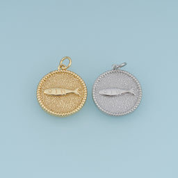 18K Gold Filled Fish Charm,Round Fish Pendant Ocean Charm Textured Disc Pendant for Bracelet Necklace DIY Jewelry Making Supply