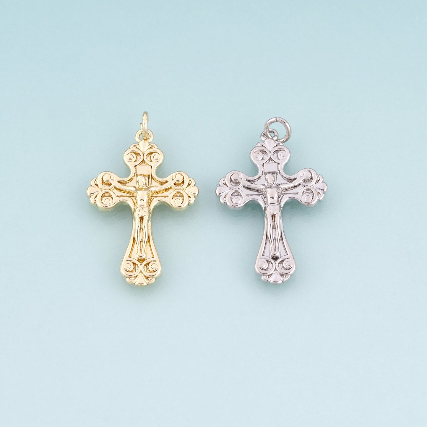 18K Gold Filled Jesus Cross Pendant,Retro Carved Cross Charm Bracelet Necklace for DIY Jewelry Making Supply
