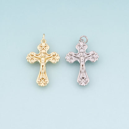 18K Gold Filled Jesus Cross Pendant,Retro Carved Cross Charm Bracelet Necklace for DIY Jewelry Making Supply