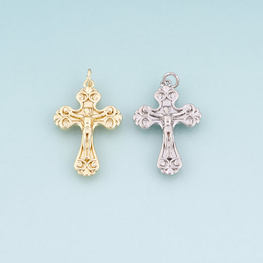 18K Gold Filled Jesus Cross Pendant,Retro Carved Cross Charm Bracelet Necklace for DIY Jewelry Making Supply