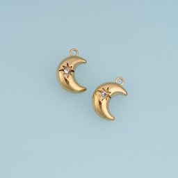Crescent Moon Star Pendant,14K Gold Celestial Crystal Charm DIY Charm for Necklace Bracelet Making