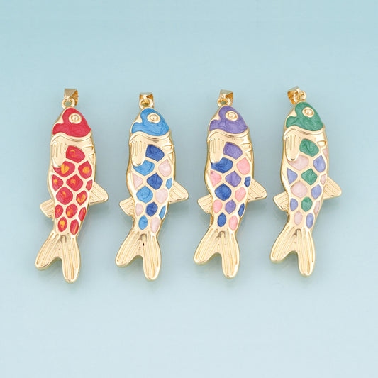 18K Gold Filled Enamel Koi Pendant,Koi Blessing Charm Bracelet Necklace for DIY Jewelry Making Supply
